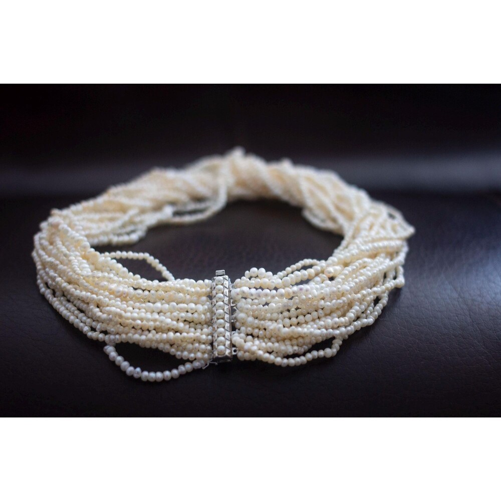 Multi Strand White Seed Pearl Collar, Tiny Pearl Statement Choker